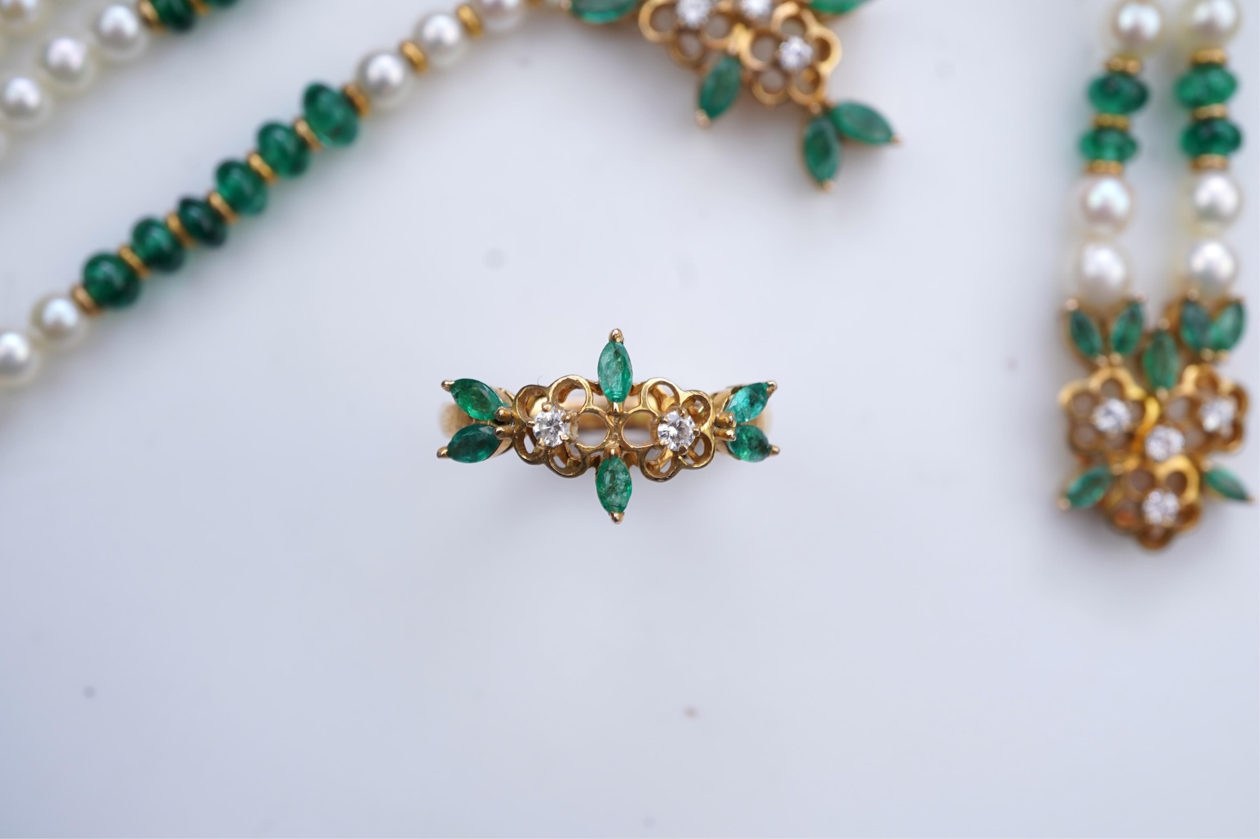 A cultured pearl, emerald and diamond parure